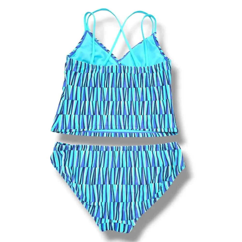 Old Navy Girls XL 14 Tankini Swimsuit Blue Geo Stripe